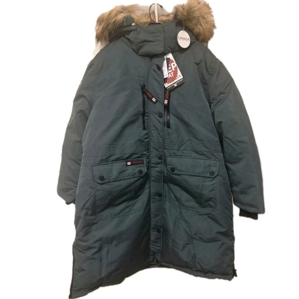Canada Weather Gear Women's Parka Long Coat Forest GrnFaux Fur Trim Size 1X NWT